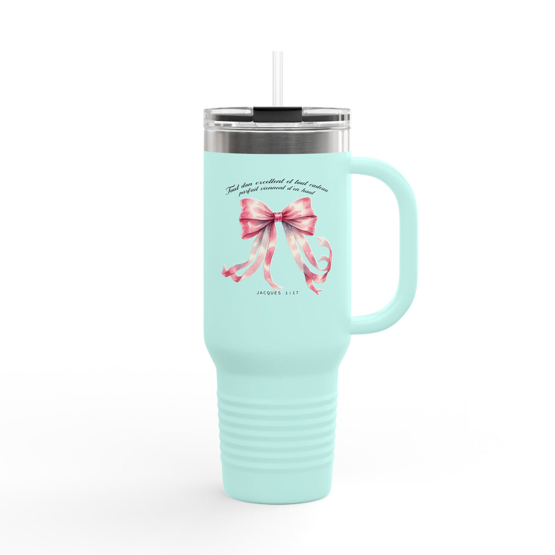 Mug isotherme bleu clair de 40oz avec un nœud rose et le verset Jacques 1:17.