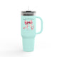 Mug isotherme bleu clair de 40oz avec un nœud rose et le verset Jacques 1:17.