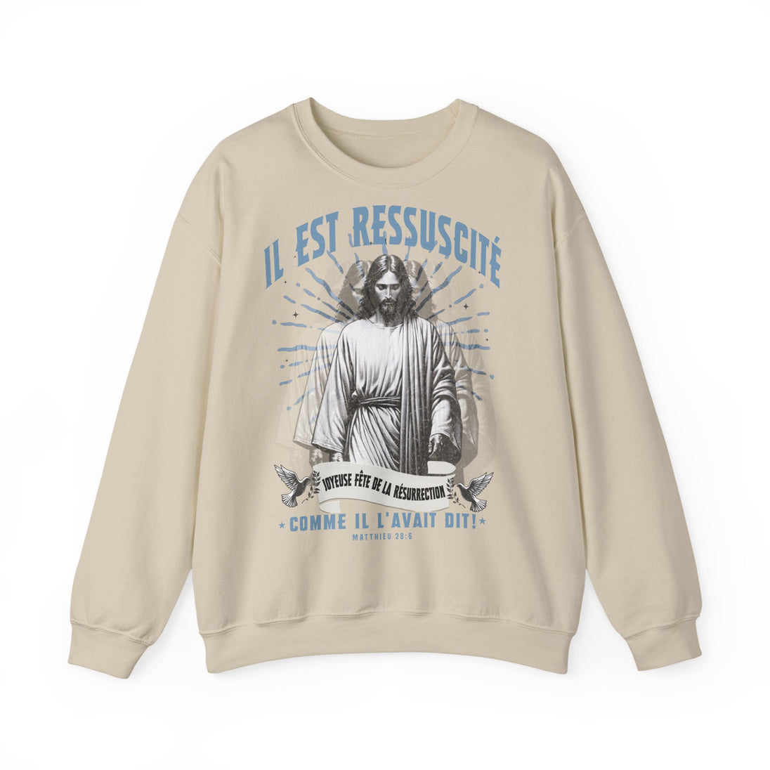 Sweat-shirt beige à col rond avec une illustration religieuse et le texte Il est ressuscité.