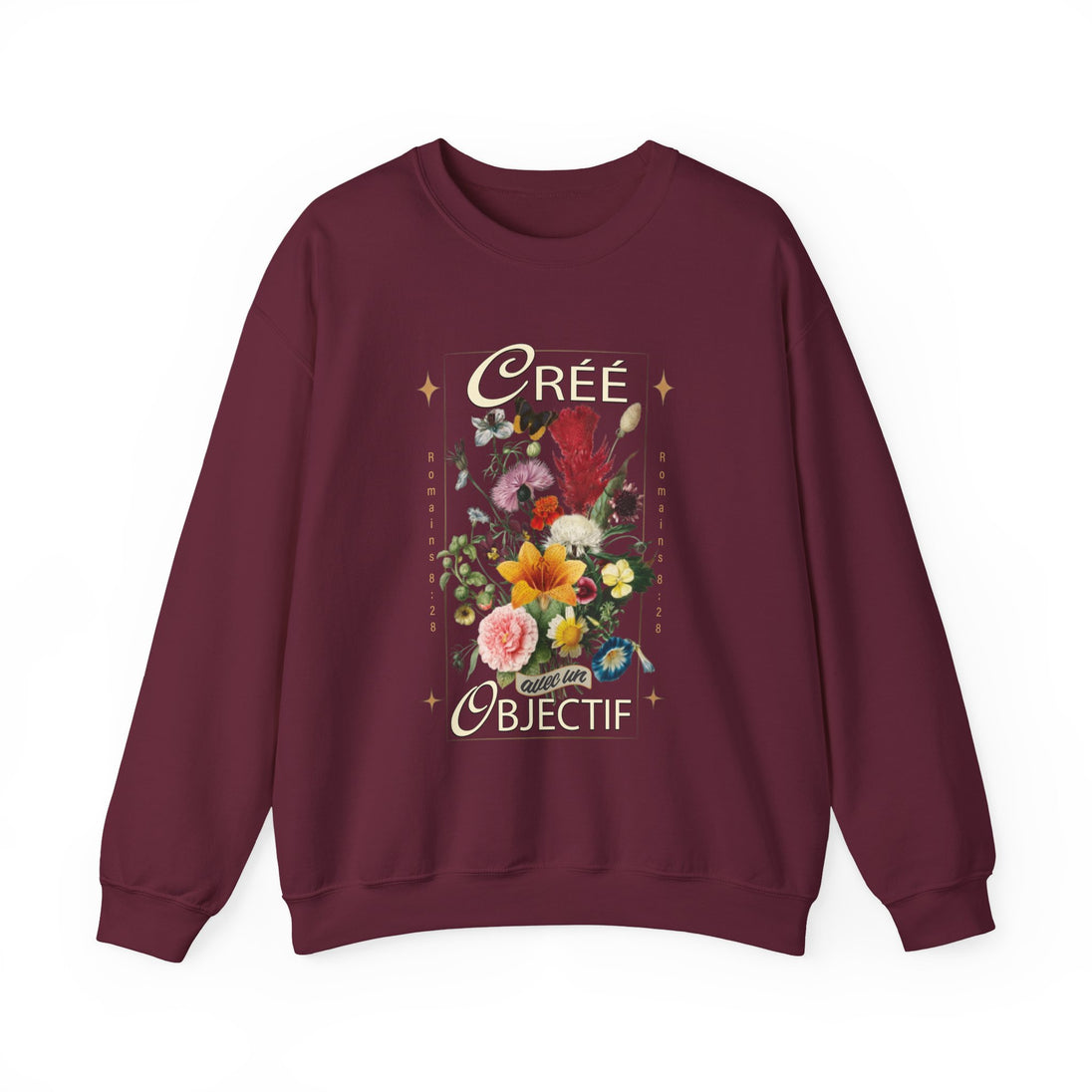 Sweat-shirt bordeaux pour femme orné d'un motif floral vintage et de l'inscription Créé avec un objectif.