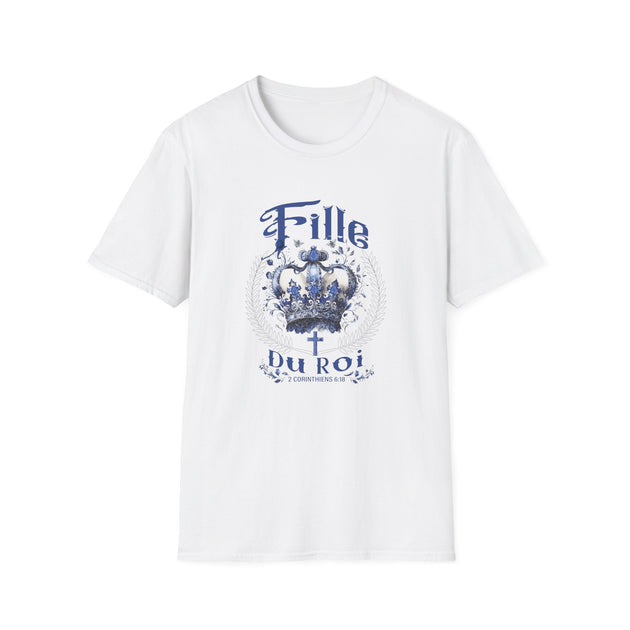 T-shirt blanc pour femme avec couronne bleue et inscription Fille du Roi, 2 Corinthiens 6:18.