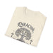 T-shirt beige pour femme avec une illustration d'arbre et de croix et le mot Enraciné.