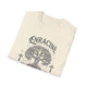 T-shirt beige pour femme avec une illustration d'arbre et de croix et le mot Enraciné.