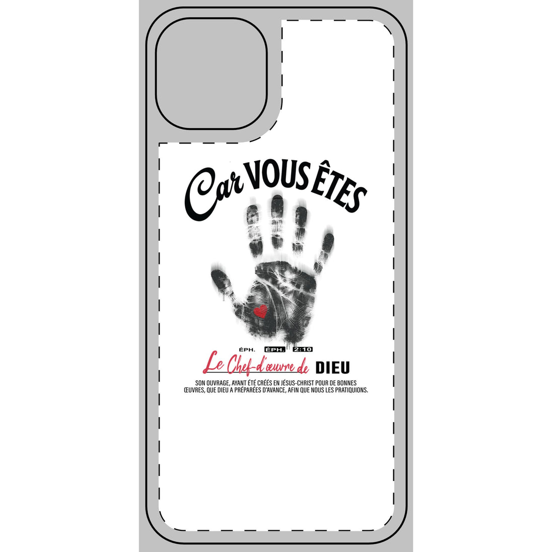 Coque de téléphone blanche avec une empreinte de main noire, un cœur rouge et un verset biblique.