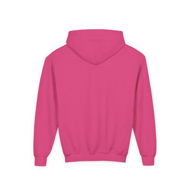 Vue arrière d'un sweat à capuche rose uni pour enfant avec une coupe classique.