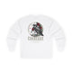 T-shirt blanc à manches longues avec une illustration de corbeau, de roses et un texte biblique.