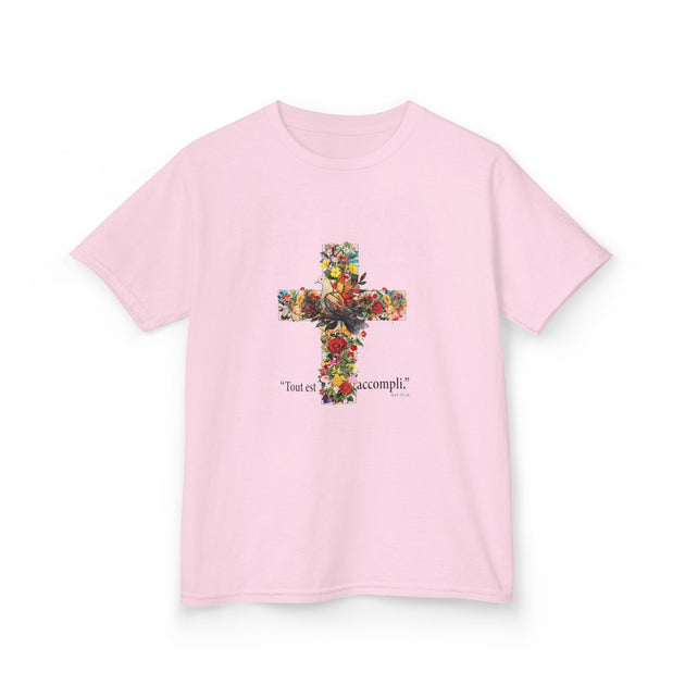 T-shirt rose pour enfant orné d'une croix fleurie et de l'inscription Tout est accompli.