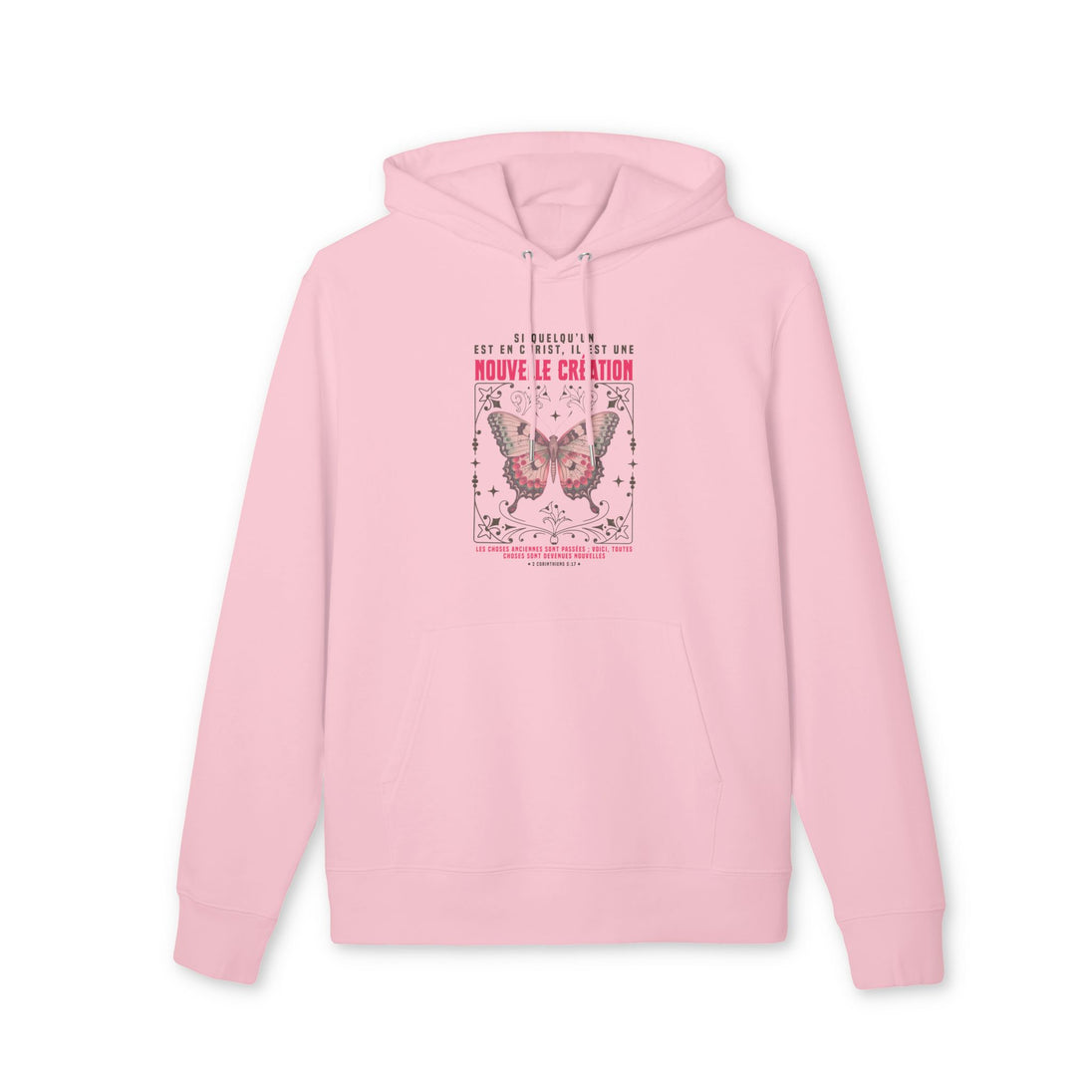 Sweat à capuche rose en coton bio avec un motif de papillon et un verset biblique imprimé.