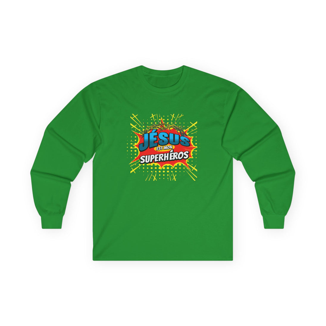 T-shirt vert à manches longues avec l'inscription Jésus est mon superhéros dans un style BD.