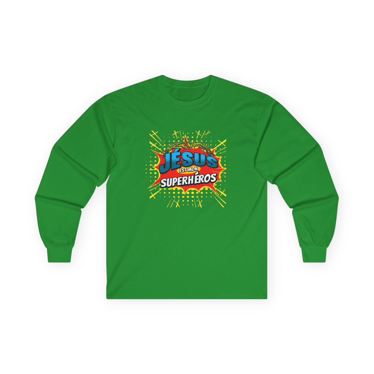T-shirt vert à manches longues avec l'inscription Jésus est mon superhéros dans un style BD.