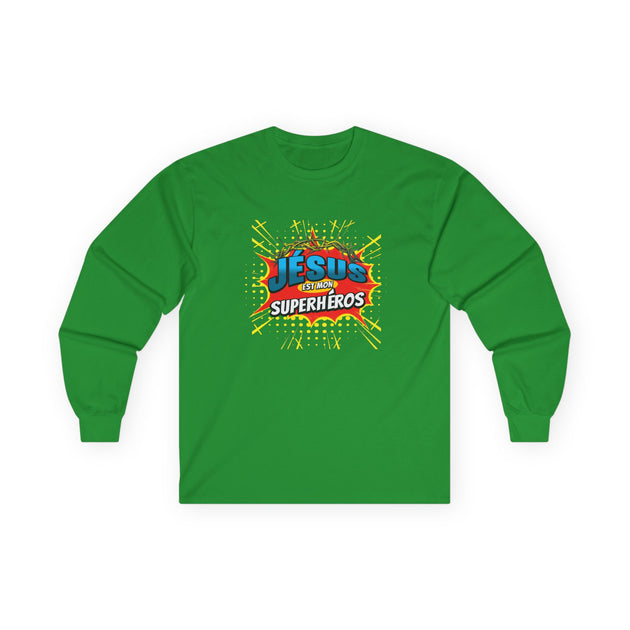 T-shirt vert à manches longues avec l'inscription Jésus est mon superhéros dans un style BD.
