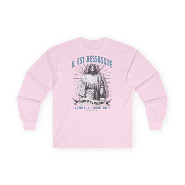 T-shirt rose à manches longues pour femme avec une illustration religieuse et du texte en français.