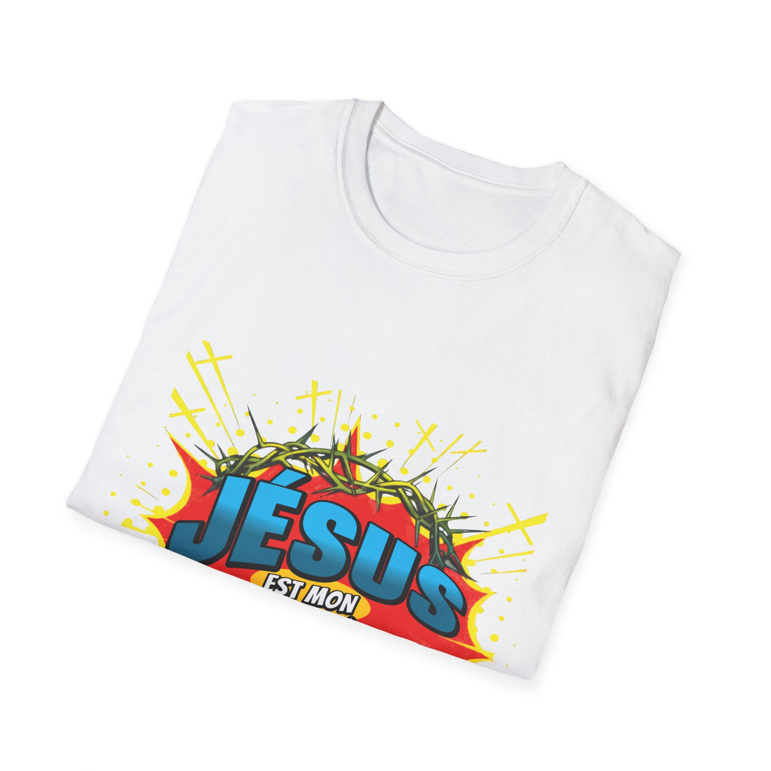 T-shirt blanc plié avec une illustration style bande dessinée représentant Jésus et une couronne.