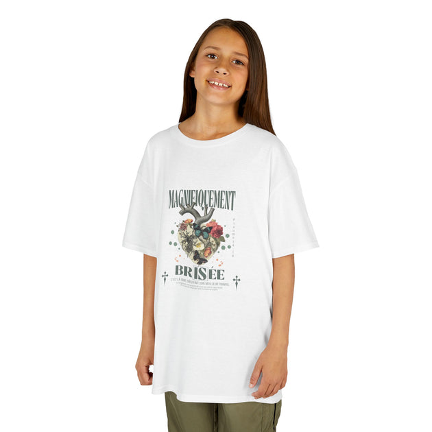 T-shirt blanc enfant avec design botanique vintage et texte chrétien Magnifiquement Brisée.