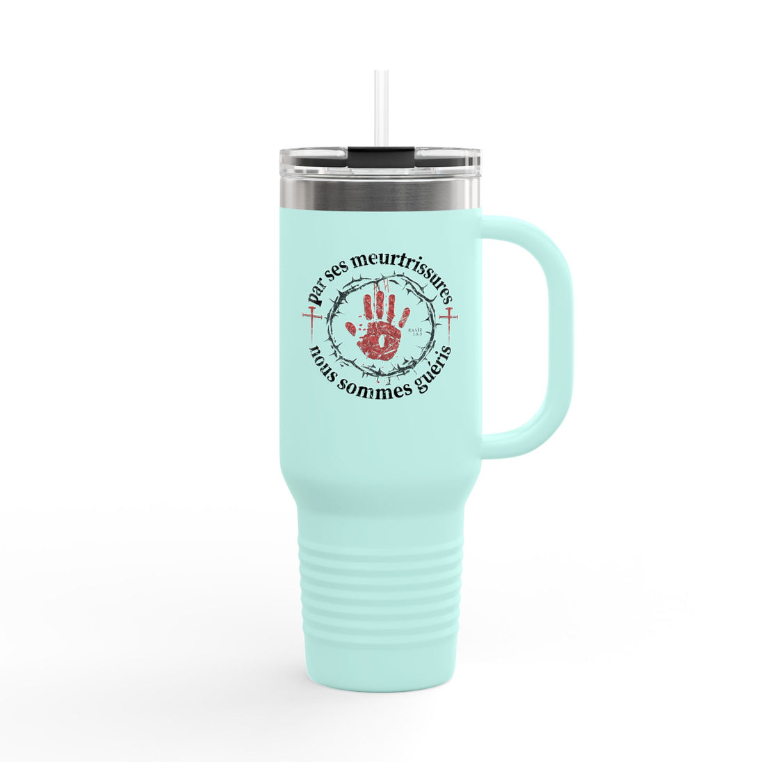 Gobelet isotherme bleu clair avec poignée, paille et un motif religieux imprimé.