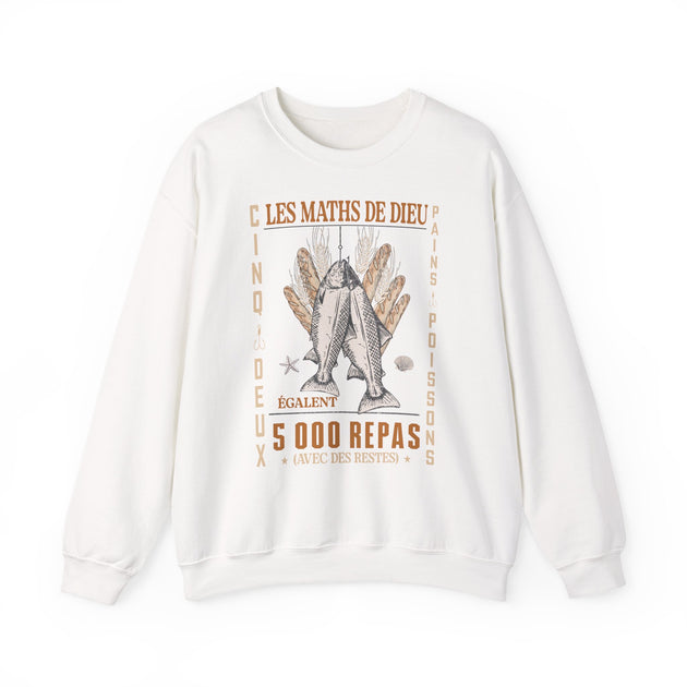 Sweat-shirt blanc à col rond avec une illustration vintage de poissons et pains sur le devant.