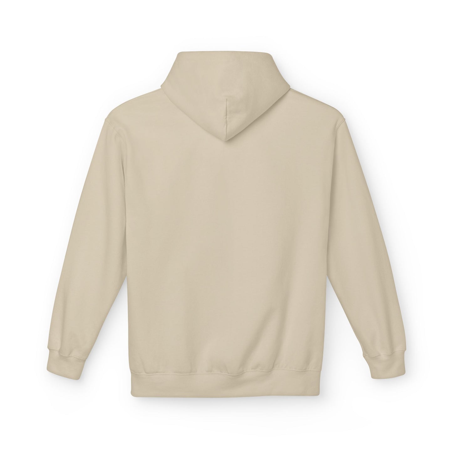 Vue arrière d'un sweat à capuche beige uni pour femme avec une coupe décontractée.