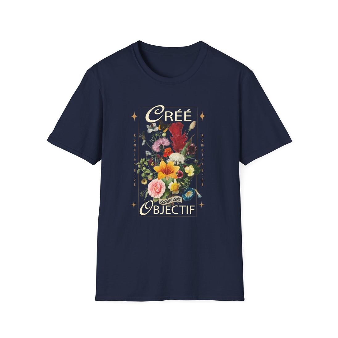 T-shirt bleu marine pour femme avec un imprimé floral vintage et le texte Créé avec un objectif.