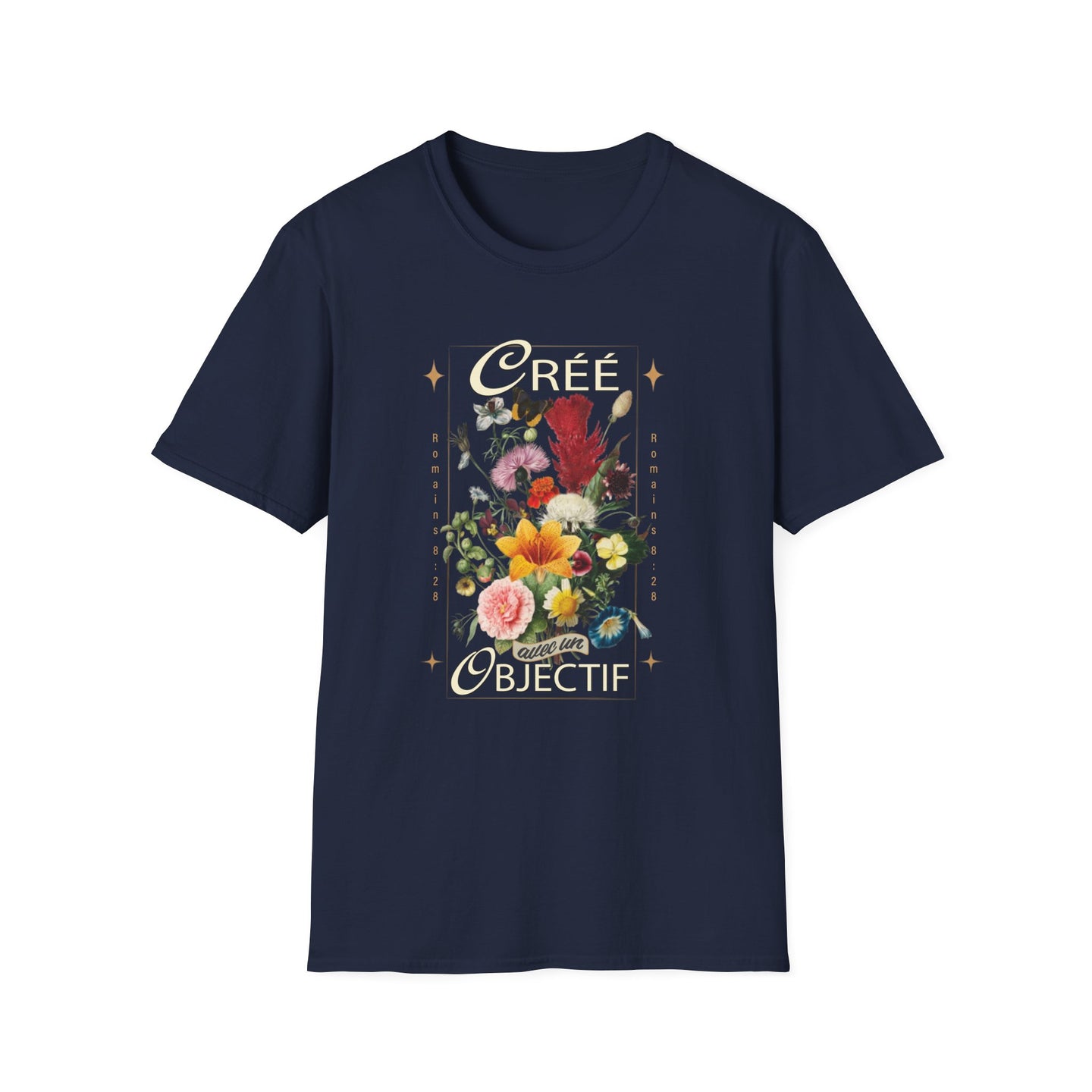 T-shirt bleu marine pour femme avec un imprimé floral vintage et le texte Créé avec un objectif.