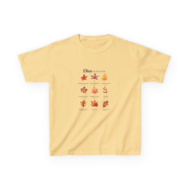 T-shirt jaune pour enfant orné d'un motif de feuilles d'automne et de textes bibliques.