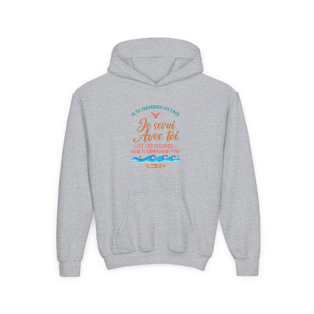 Sweat-shirt à capuche gris pour enfant avec une inscription religieuse et des motifs de vagues.
