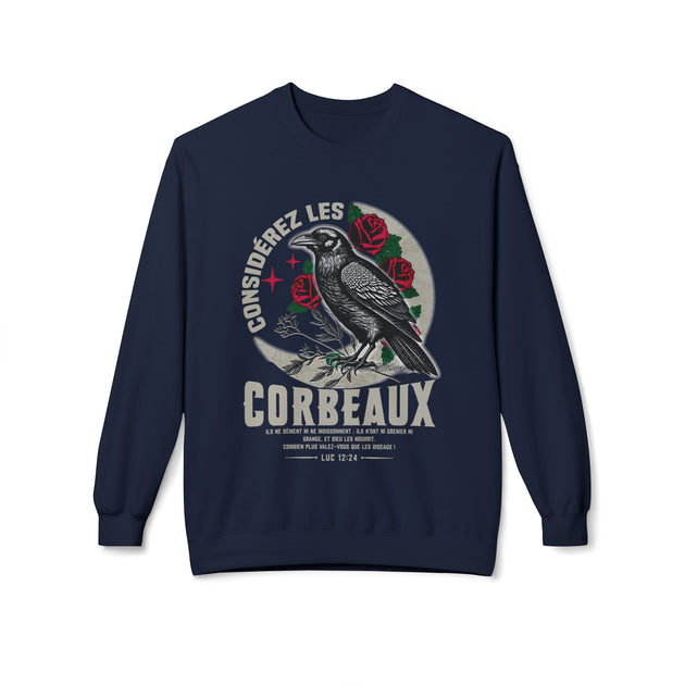Sweat-shirt bleu marine pour femme avec une illustration de corbeau, de roses et un texte biblique.