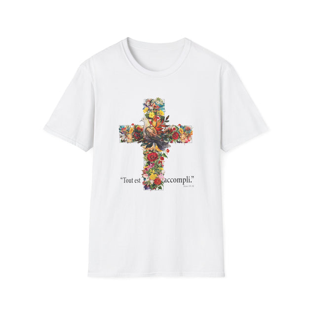 T-shirt blanc pour femme orné d'une croix fleurie avec une colombe et l'inscription Tout est accompli.