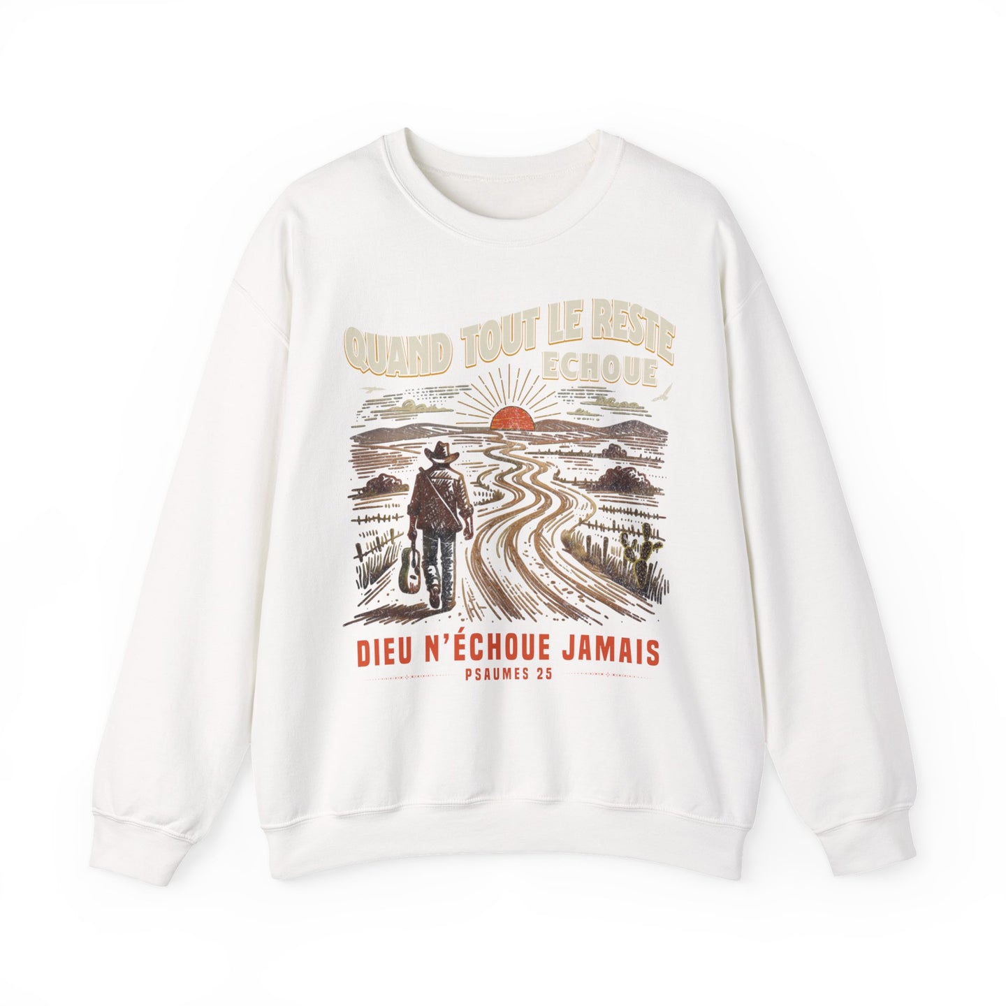 Sweat-shirt blanc à col rond avec une illustration de voyageur et un message religieux en français.