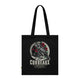 Tote bag noir en coton biologique illustré d'un corbeau entouré de roses avec un verset biblique.