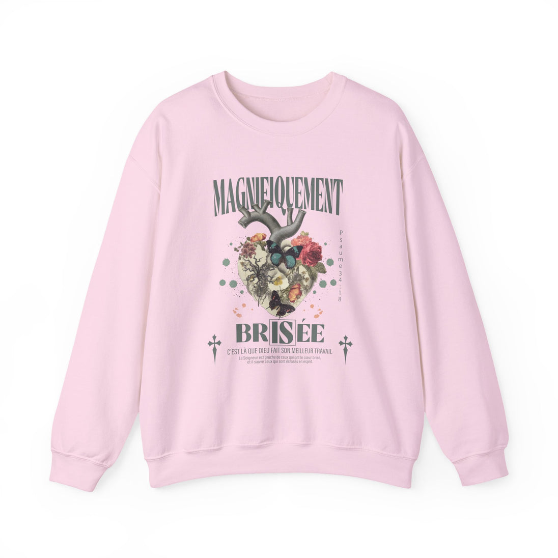 Sweat-shirt rose pâle pour femme avec une illustration de cœur floral et des inscriptions.