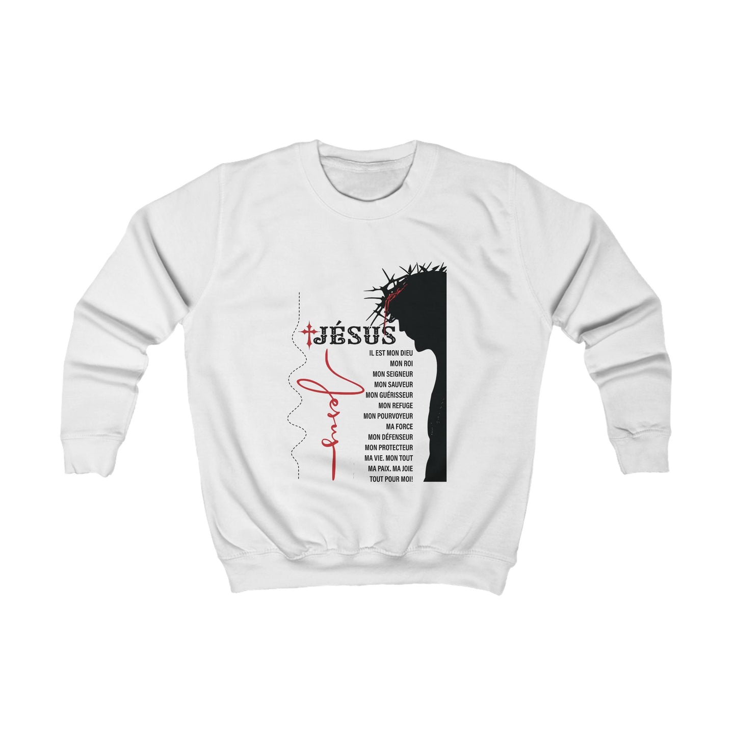 Sweatshirt blanc pour enfant avec une illustration de Jésus et des inscriptions religieuses.