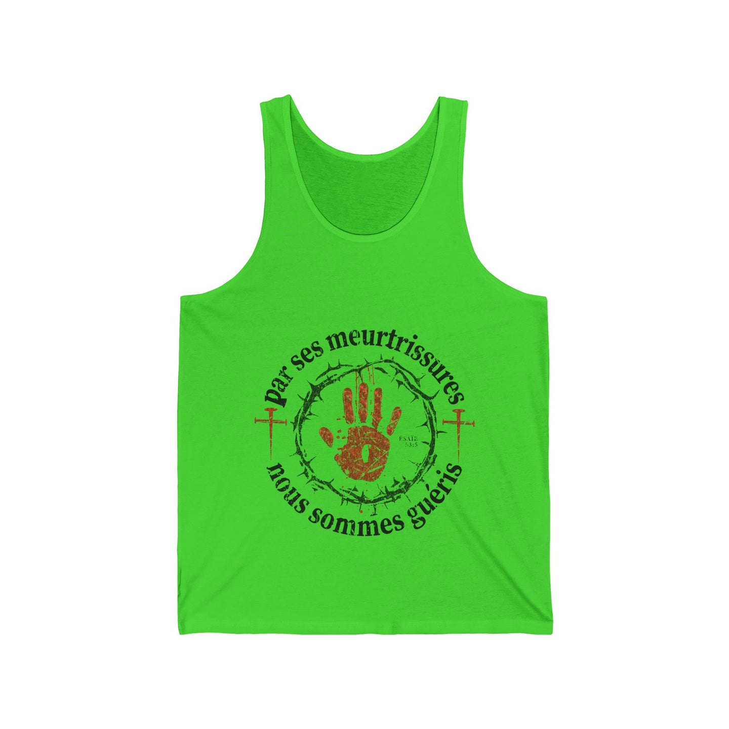 Débardeur vert vif pour homme avec un motif religieux centré sur la guérison divine.