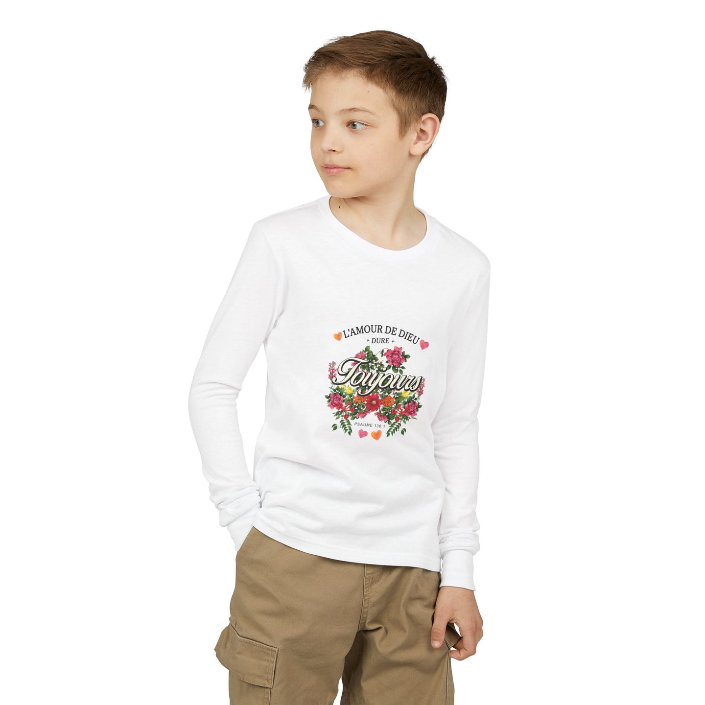 T-shirt blanc manches longues enfant avec motif floral L'amour De Dieu Toujours.