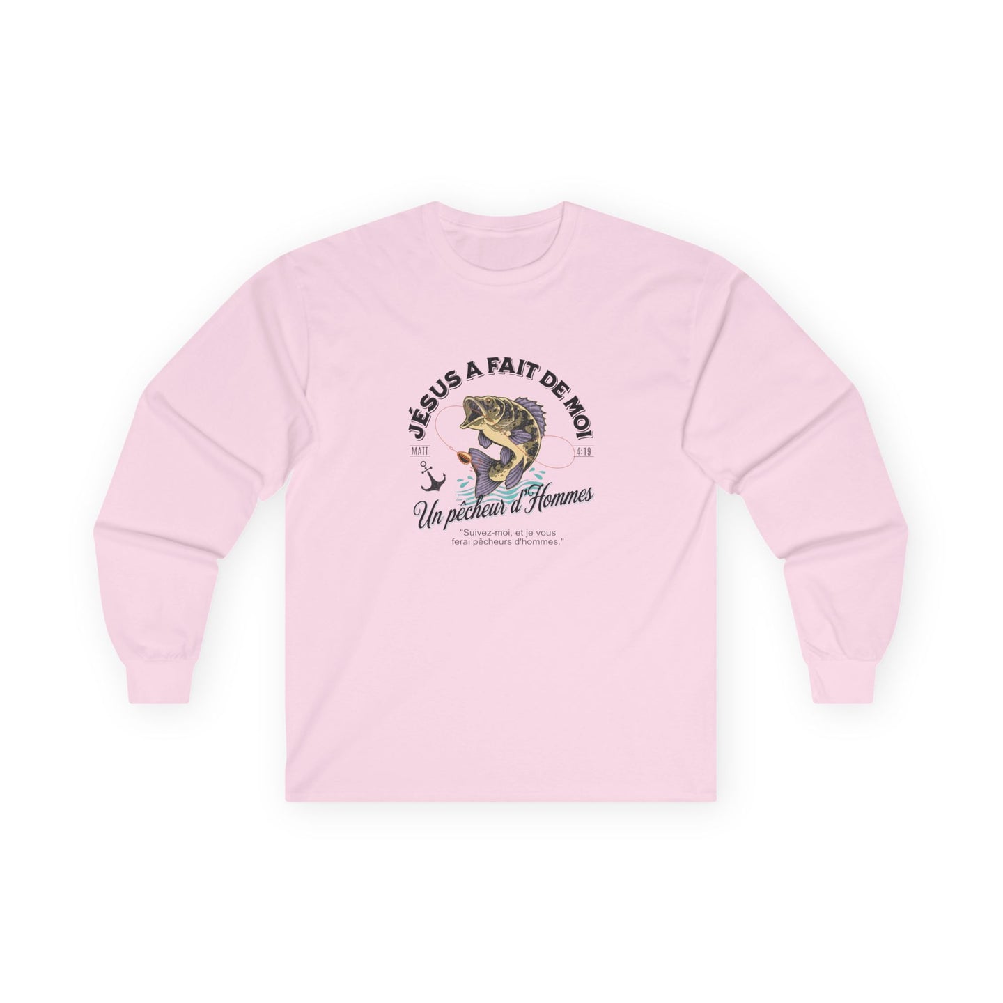 T-shirt rose à manches longues pour homme avec un motif de poisson et un texte religieux.
