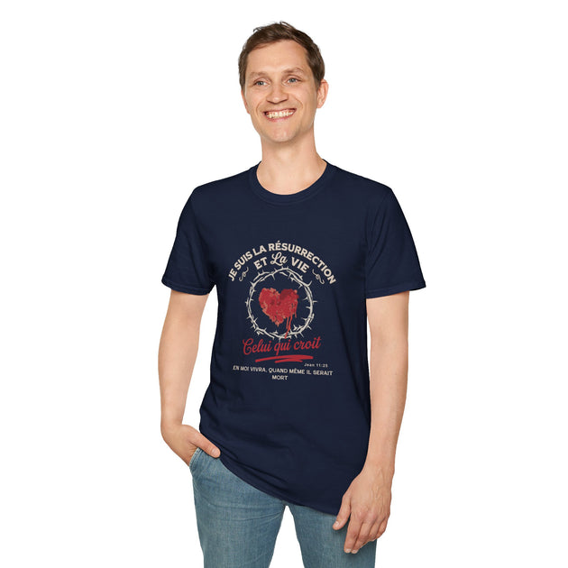 T-shirt bleu marine pour homme avec design chrétien Je suis la Résurrection et la Vie.