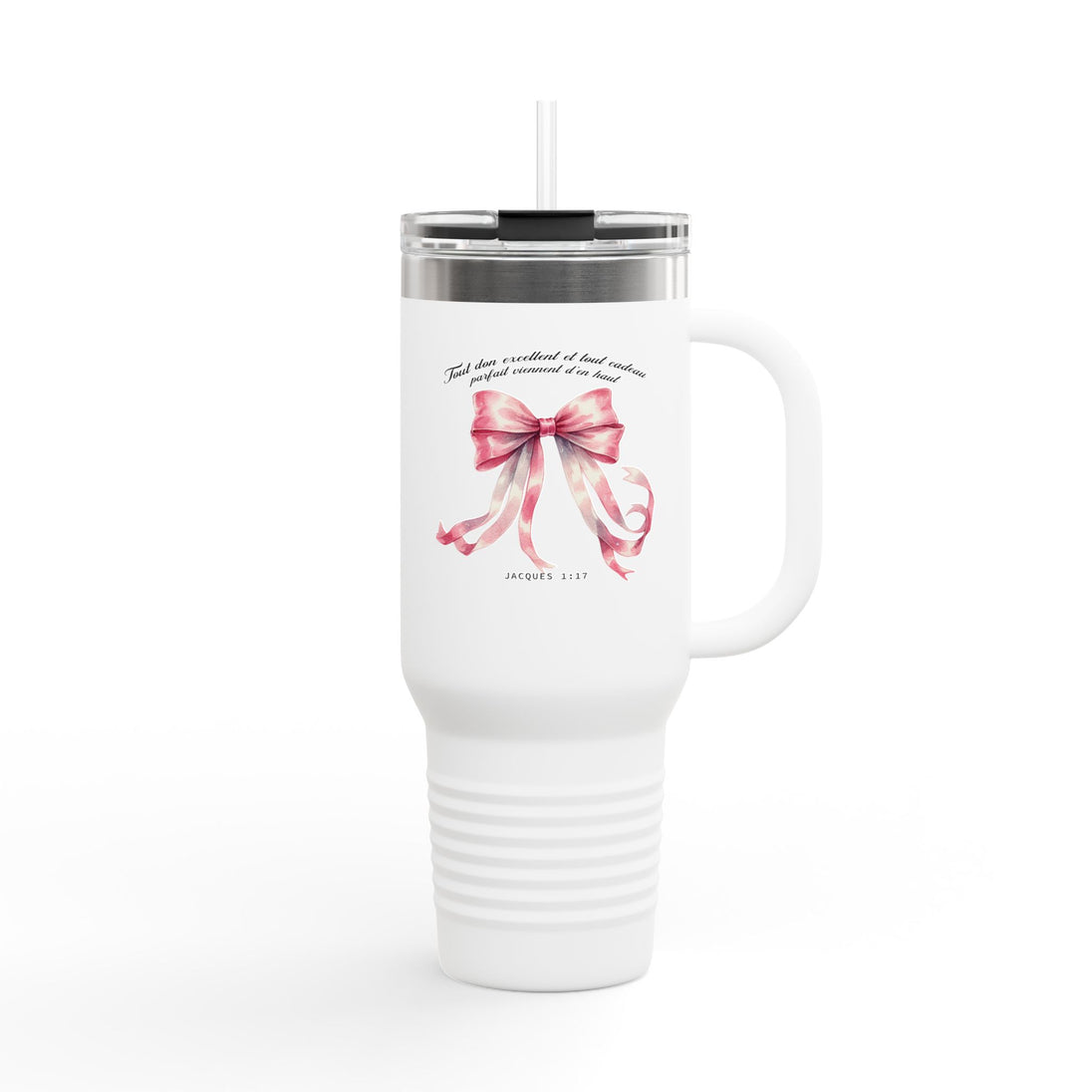 Mug isotherme blanc de 40oz avec un nœud rose à l'aquarelle et une inscription religieuse.