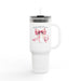 Mug isotherme blanc de 40oz avec un nœud rose à l'aquarelle et une inscription religieuse.
