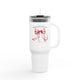 Mug isotherme blanc de 40oz avec un nœud rose à l'aquarelle et une inscription religieuse.
