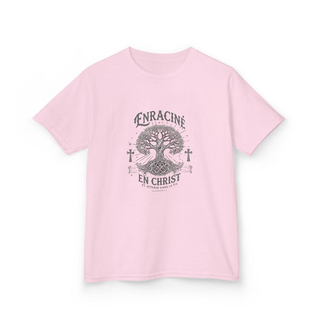 T-shirt rose pour enfant avec une illustration d'arbre et le texte Enraciné en Christ.