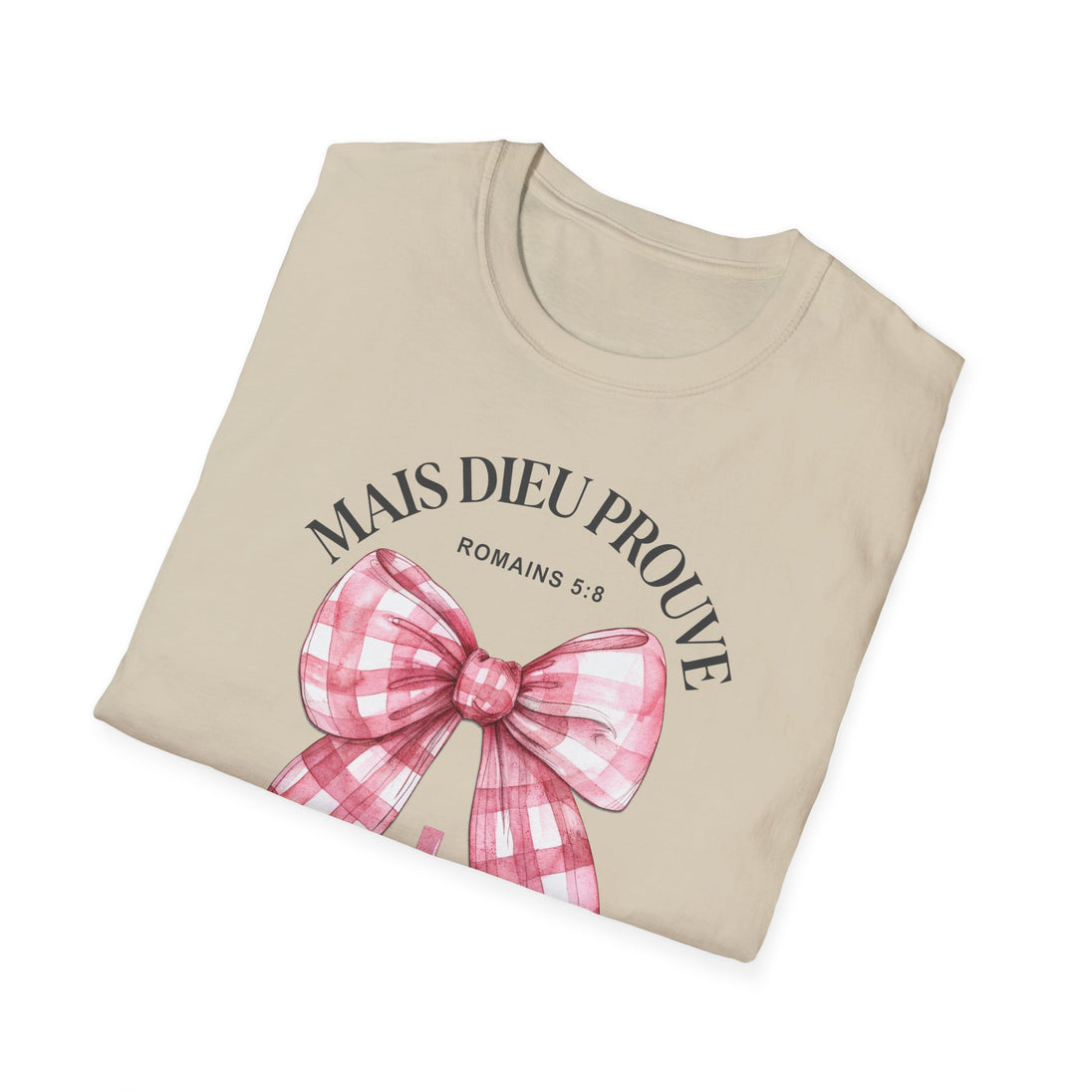 T-shirt beige pour femme orné d'un nœud rose à carreaux et de l'inscription Mais Dieu prouve.