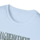T-shirt blanc pour femme avec un col rond côtelé et une inscription imprimée sur la poitrine.