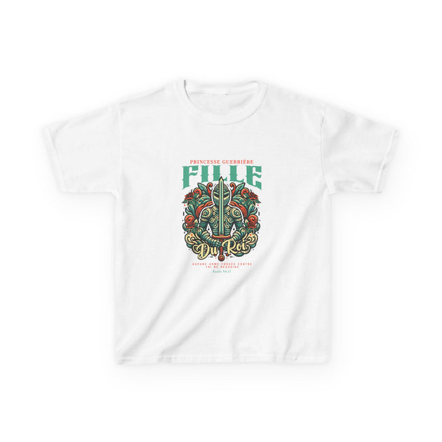 T-shirt blanc pour enfant avec une illustration de chevalier et le texte Fille du Roi.