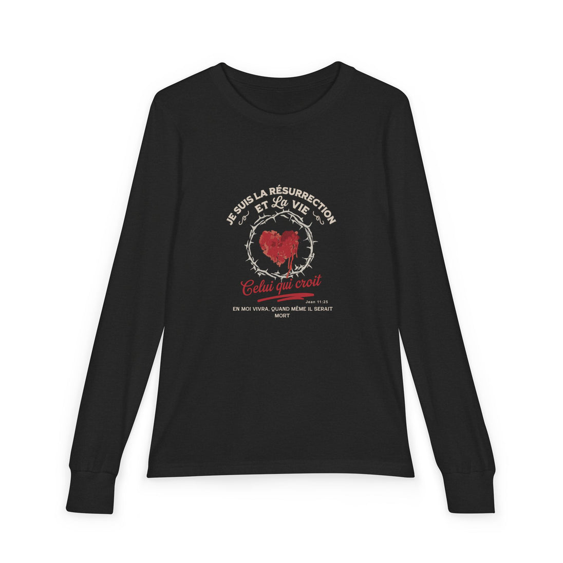 T-shirt noir à manches longues pour enfant avec un motif religieux centré sur la poitrine.