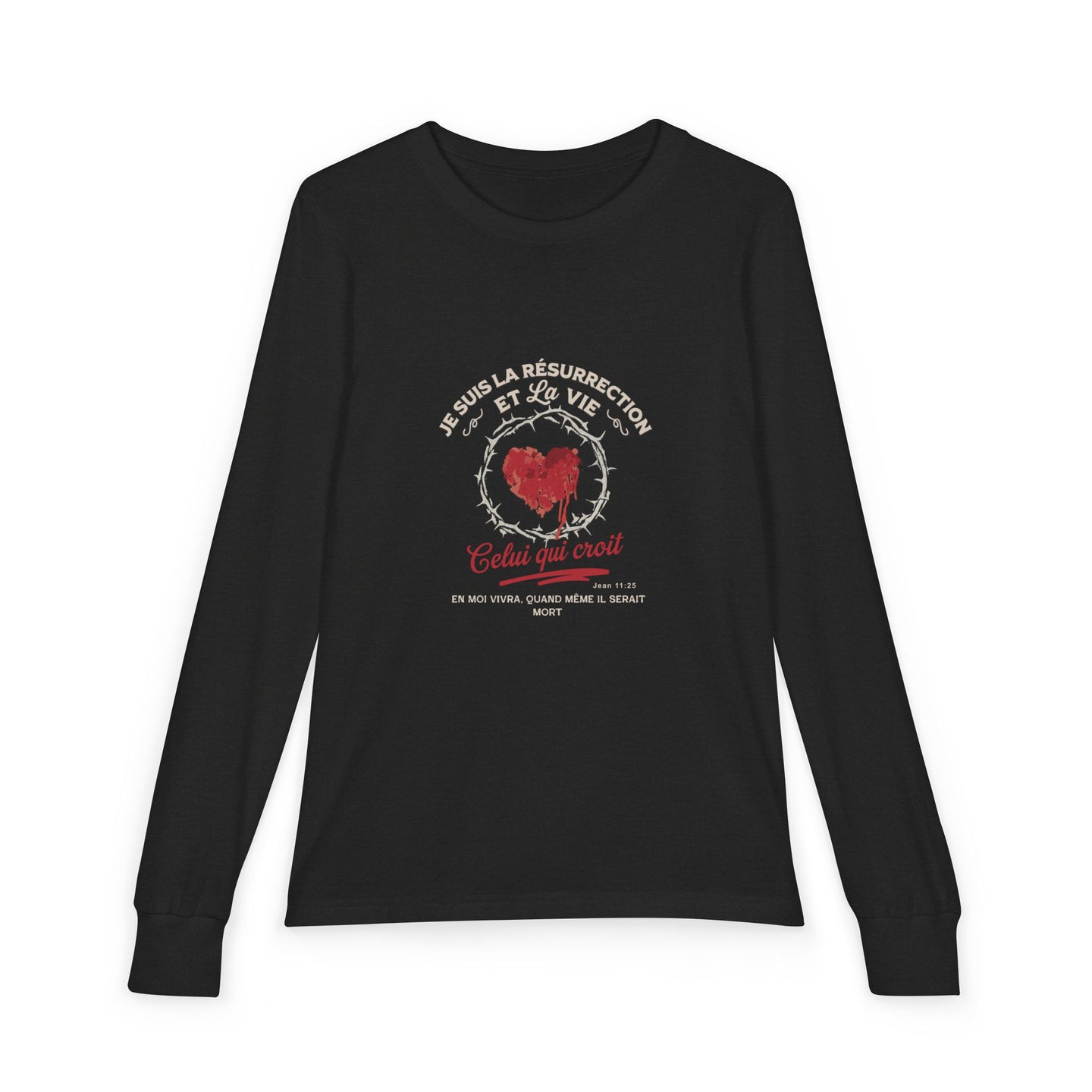 T-shirt noir à manches longues pour enfant avec un motif religieux centré sur la poitrine.