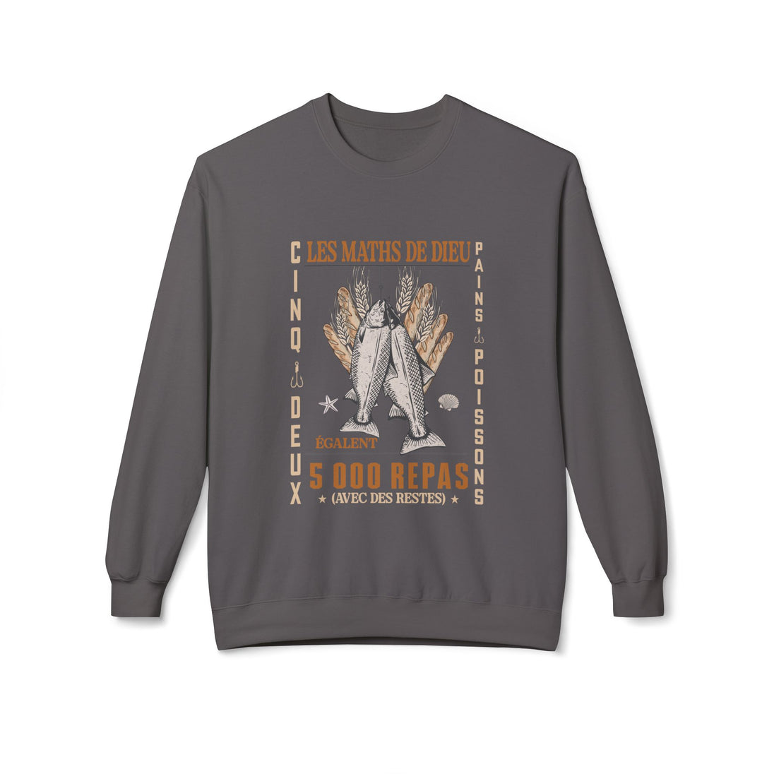 Sweatshirt gris à col rond avec une illustration de pains et poissons et le texte Les Maths de Dieu.