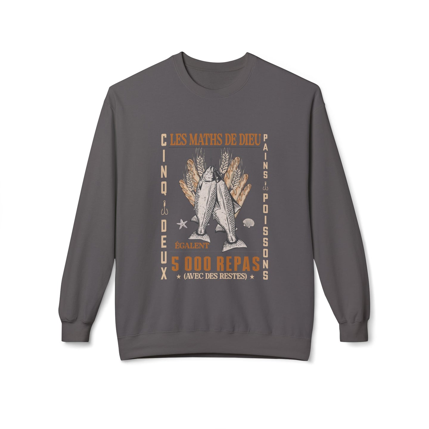Sweatshirt gris à col rond avec une illustration de pains et poissons et le texte Les Maths de Dieu.