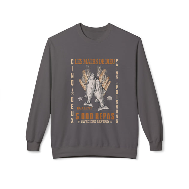 Sweatshirt gris à col rond avec une illustration de pains et poissons et le texte Les Maths de Dieu.