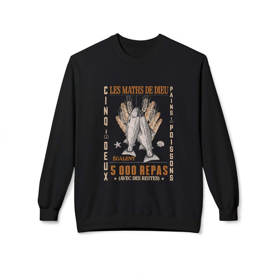 Sweatshirt noir pour femme avec une illustration de pains et de poissons et le texte Les Maths de Dieu.