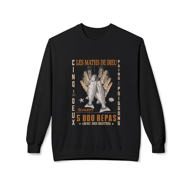 Sweatshirt noir pour femme avec une illustration de pains et de poissons et le texte Les Maths de Dieu.