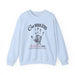 Sweat-shirt bleu clair à col rond avec une empreinte de main et un texte religieux en français.